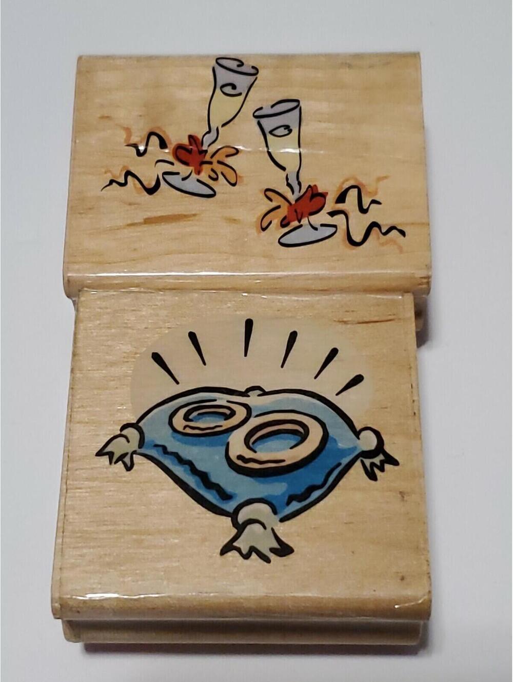 Wedding Engagement Rubber Stamp Set Rings and Champagne Flutes 2 Wood Stamps